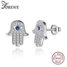 FOREWE Винтажные серьги-гвоздики Fatima Hamsa из стерлингового серебра 925 пробы для женщин, серьги с голубым глазом и кристаллами, подарок на удачу