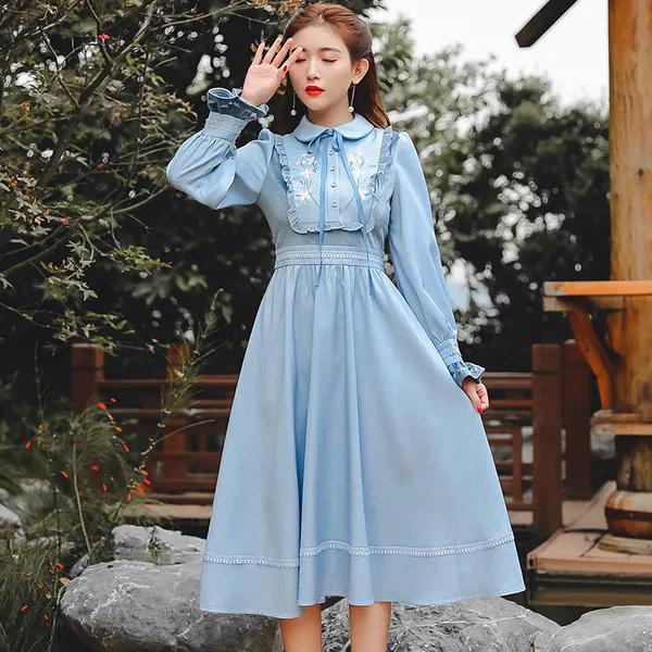 

Spring Women's French Prairie Chic Retro Turn-down Collar Teens Girls Embroidered Slim Cute Princess Kawaii Mid-length Dress