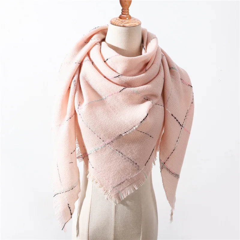 LaMaxPa осенне-зимний теплый клетчатый треугольный шарф из кашемира для женщин/дам, шерстяные Панамы, мягкие полосатые женские шали и палантины - Цвет: 34
