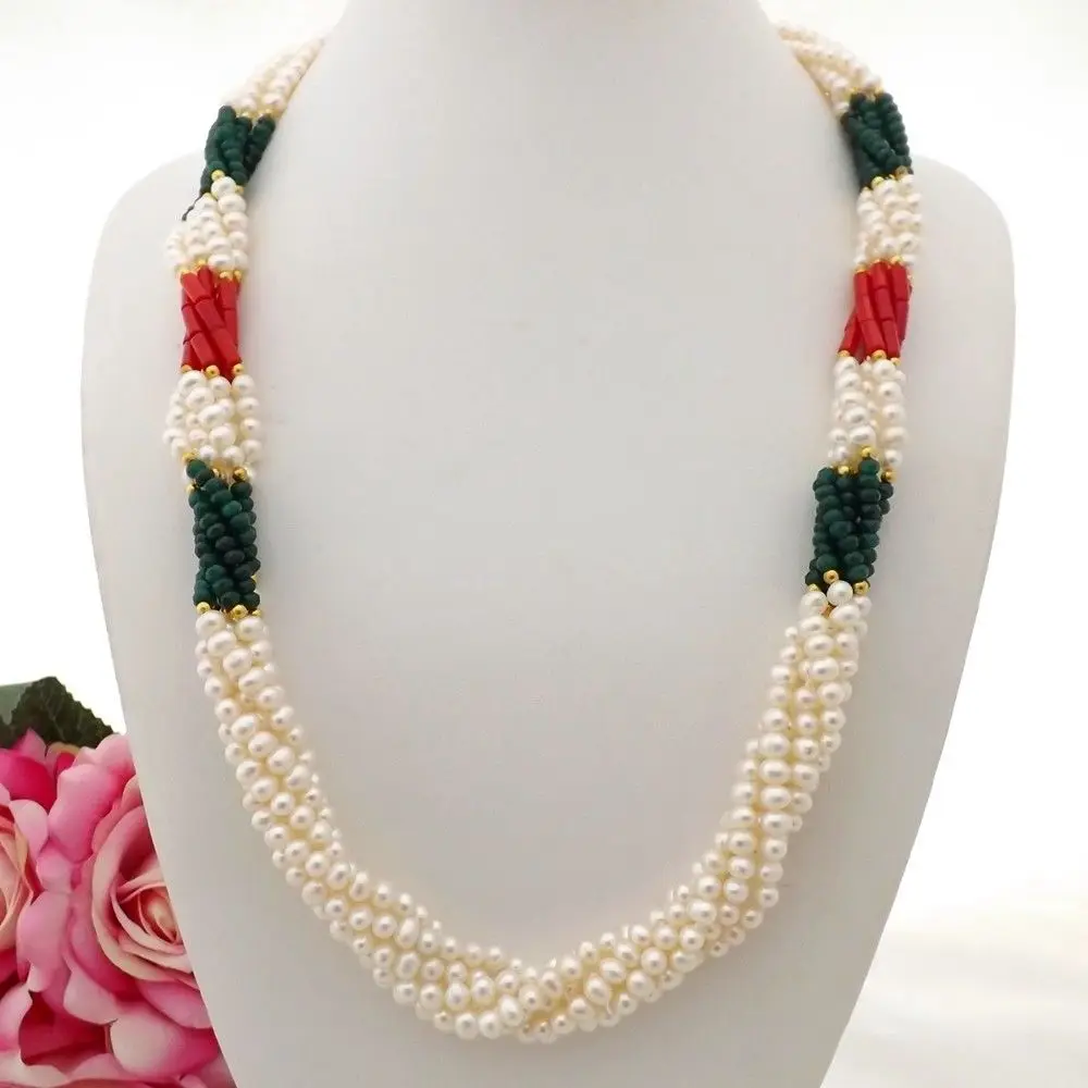 

GE101903 6 Strands White Pearl Red Coral Green Stone Necklace 27