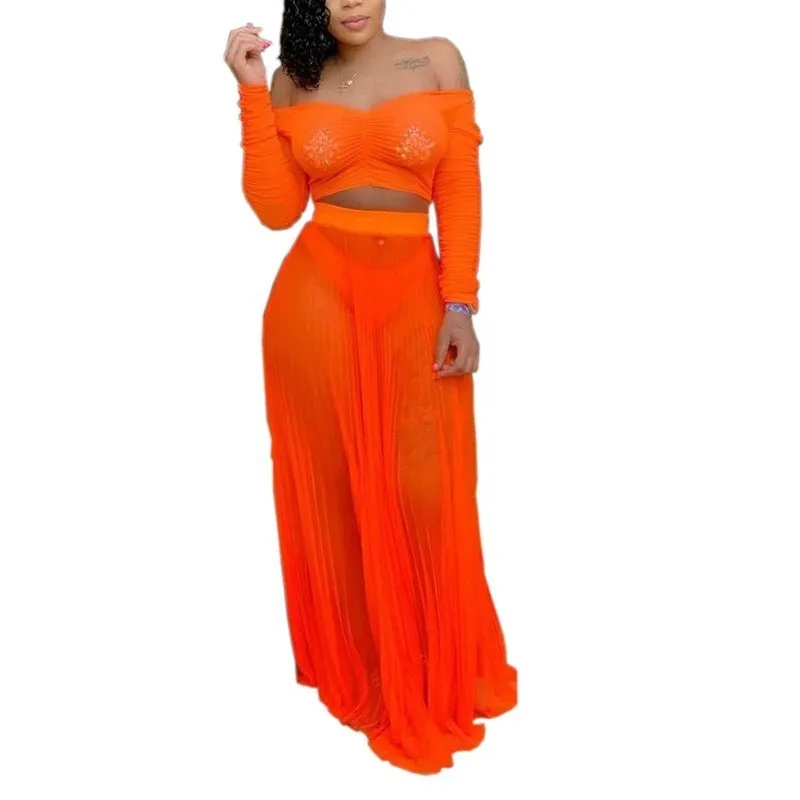 Неоновый оранжевый сексуальный комплект из 2 предметов для женщин, короткий топ с длинным рукавом и вырезом лодочкой, пляжные длинные юбки, прозрачный комплект из двух предметов - Цвет: neon orange