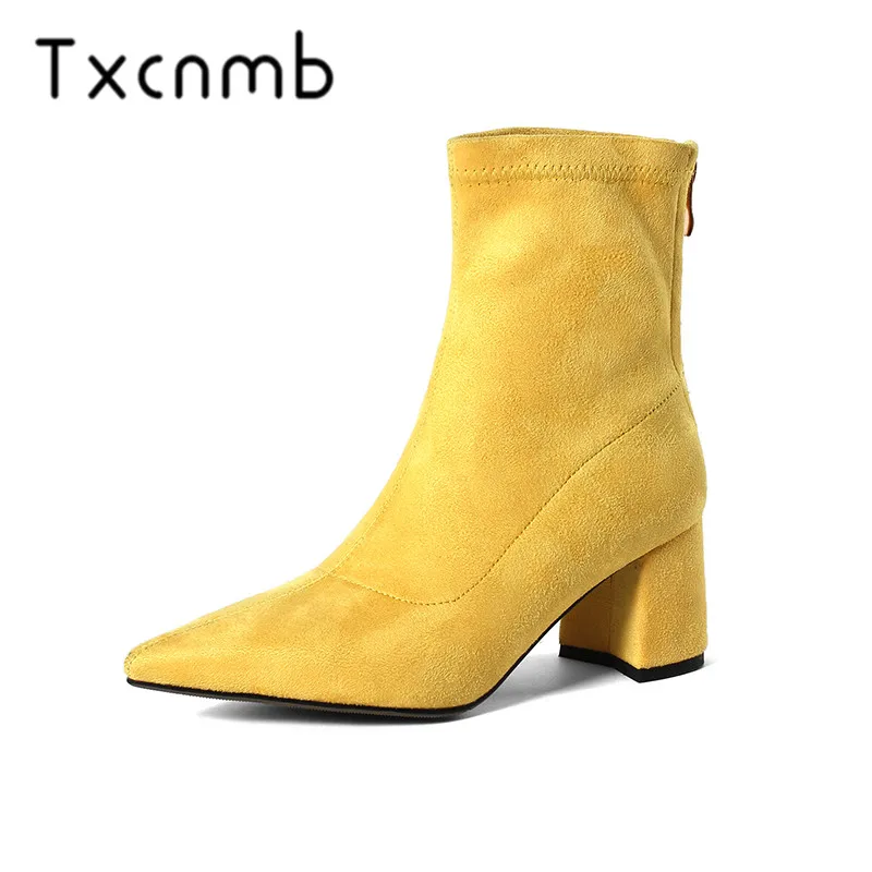 

TXCNMB Suede Leather Women Boots 6cm High Heels Pointed Toe Woman Ankle Boots Sweet Bowties Office Ladies Dress Shoes Size 34-43
