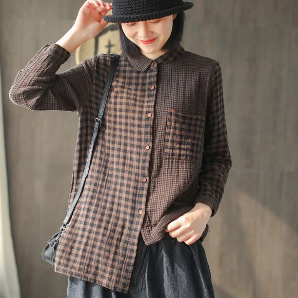dark coffee Япония Harajuku Mori Girl хлопковая клетчатая рубашка свободная повседневная женская одежда блузка с длинными рукавами женская рубашка туника блузка Femme Lady top рубашка - Цвет: dark coffee