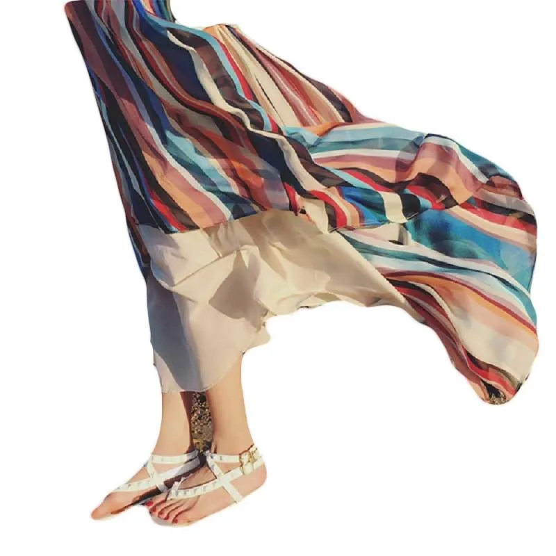 Новинка, модная разноцветная длинная юбка средней длины с талией, шифоновые юбки высокого качества, длинные женские юбки, летние пляжные юбки для женщин