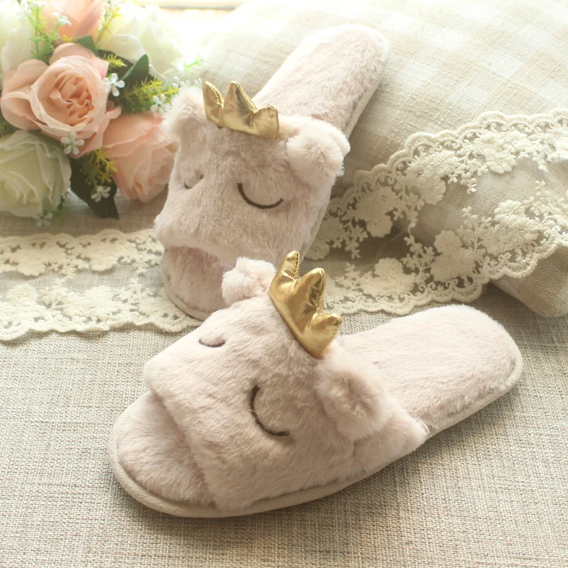 

Autumn Winter Home Crown Smiling Face Plush Peep-toe Slippers Women Indoor Floor Warm Bedroom Slippers Shoes Girls Gift
