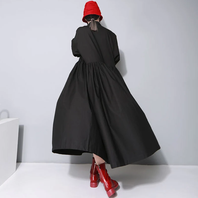 Chicever большой Размеры Кружево туника миди платье-рубашка Для женщин осень Фонари рукавом Высокая талия черный Платья для женщин женские Повседневная одежда