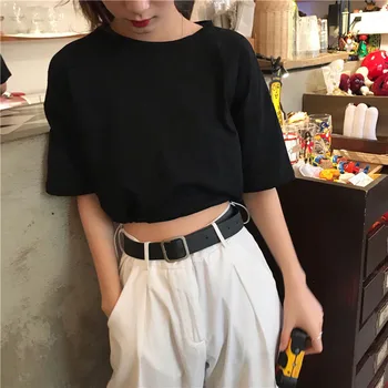 

Korean Harajuku Tshirt Women 2019 Summer New Drawstring Dew Waist Short Sleeve Cropped Tops Woman Casual Tee Shirt