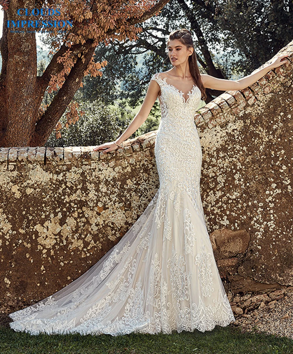 

CLOUDS IMPRESSION Sexy Gorgeous Mermaid 2019 Wedding Dress Sweetheart Illusion Reserved Lace Vestige De Noiva Bride Dress