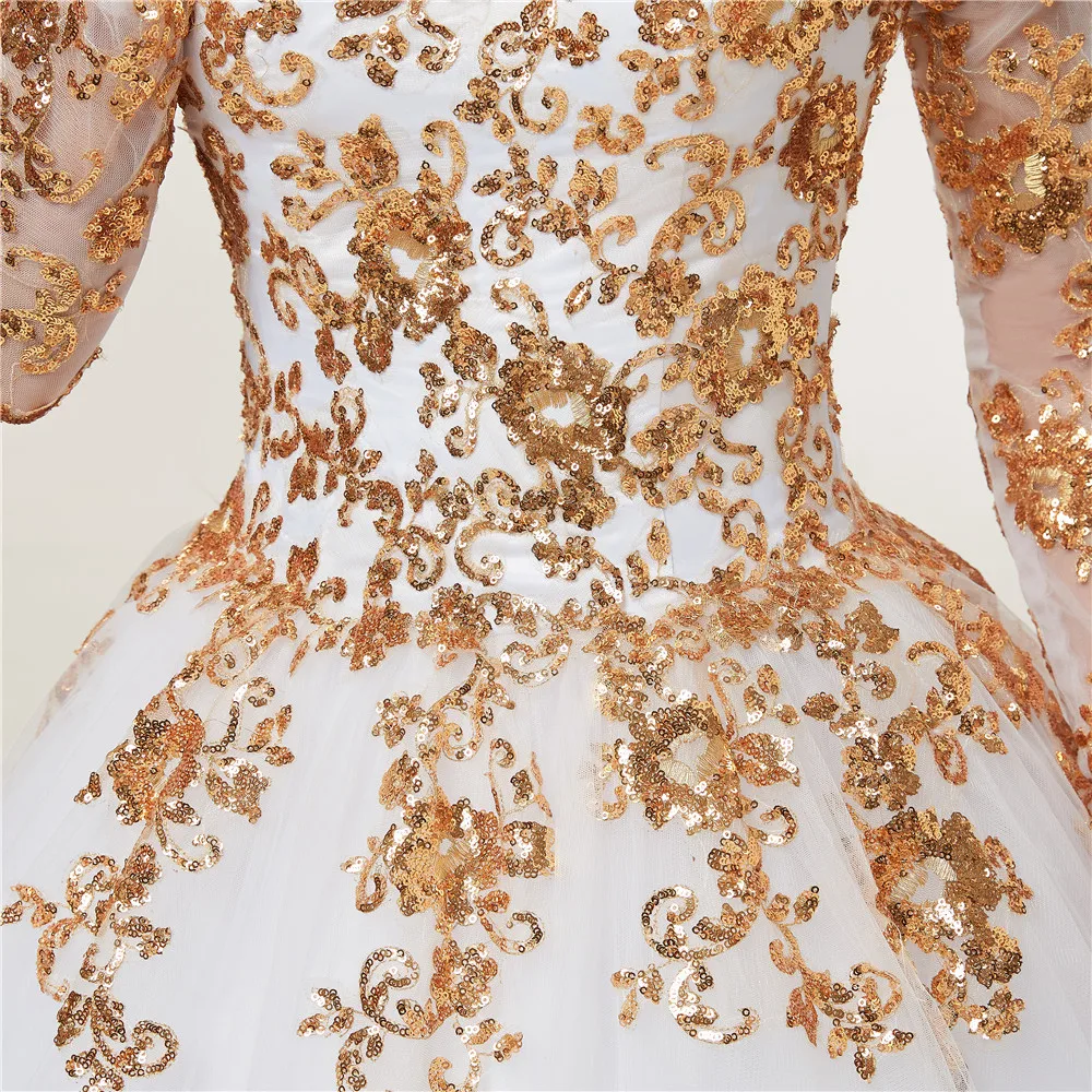 Fansmile с длинным рукавом золотое кружево Vestido De Noiva Свадебные платья поезд на заказ размера плюс свадебные платья FSM-404T
