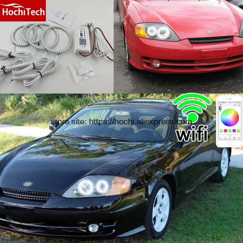 HochiTech отличные RGB Multi-Цвет halo кольца комплект Тюнинг автомобилей для hyundai Tiburon 2003-2006 глаза ангела Wi-Fi пульт дистанционного управления