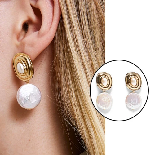 Korea Design Metal Gold Geometric Irregular Circle Square Natural Freshwater Pearl Stud Earrings for Women Earings oorbellen 1