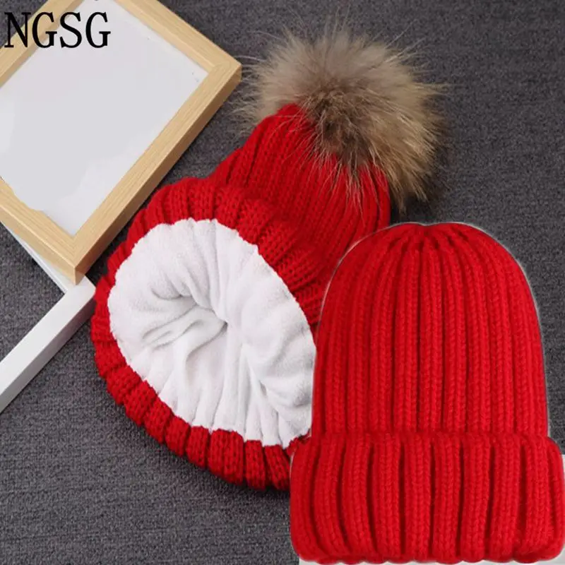 

NGSG Real Raccoon Fur Pompon Hat Women Winter Knitting Hat Genuine Fur Thickening Warm Lined Coral Velvet Solid Removable MZ110