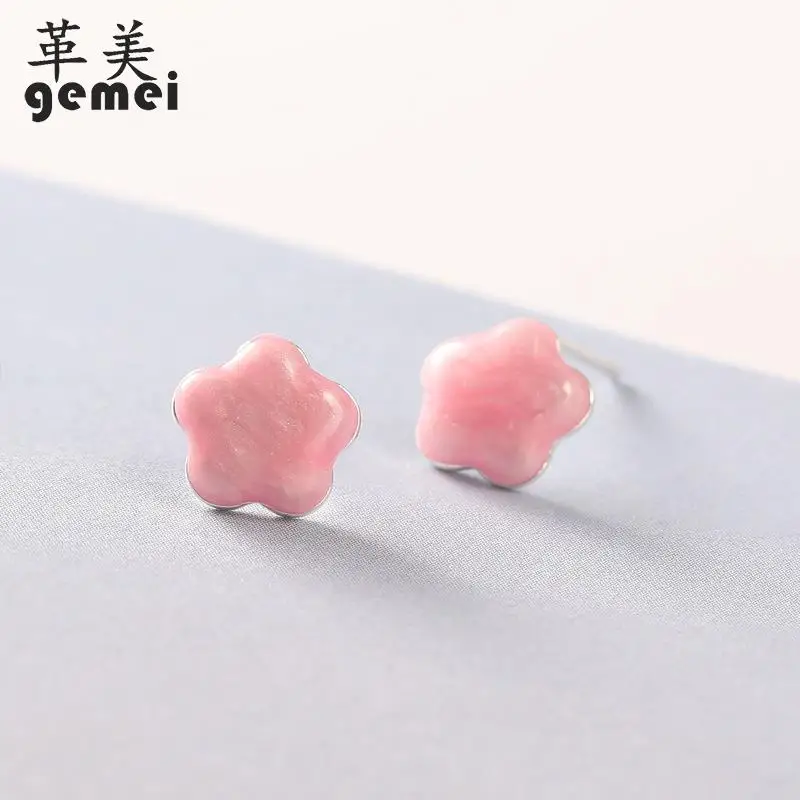 

Gemei 100% 925 Sterling Silver Pink Drop Glaze Flower Stud Earrings For Women Simple Fashion Party Jewelry