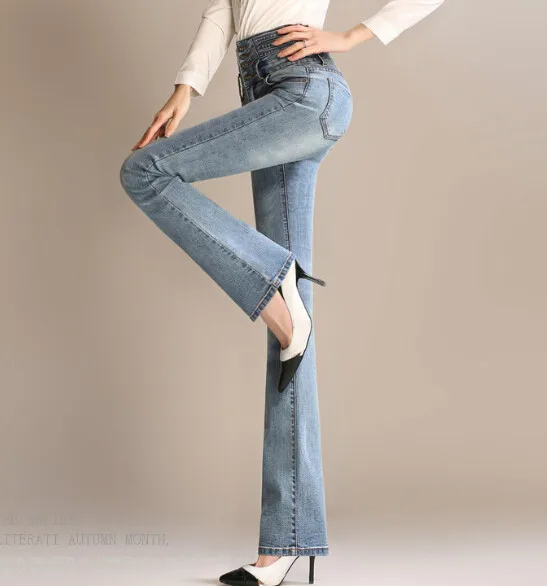 Высокая талия повседневные джинсы для похудения Штаны для женщин большие размеры Полная длина Flare Штаны весна-осень хлопок cfn0601