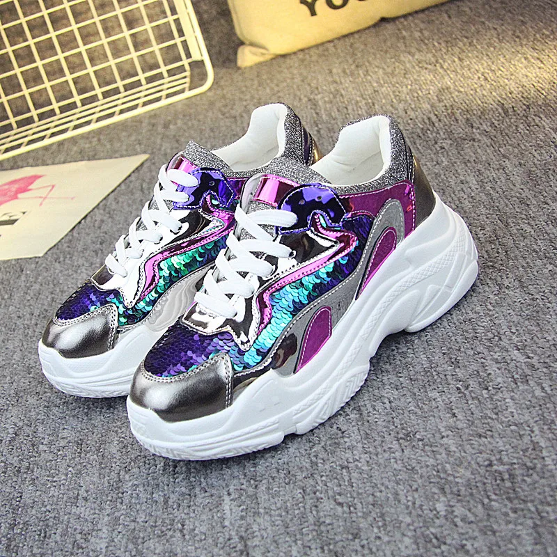 

Women Casual Shoes 2019 Spring Summer Fashion Sequin Sneakers Shoes Women Flats Platform Lace-Up Breathable Women Sneakers MS-54