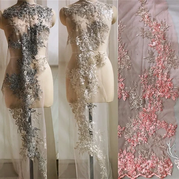 

30*122CM Blue pink purple orange luxury heavy handmade beaded car bone silver thread embroidery lace patch