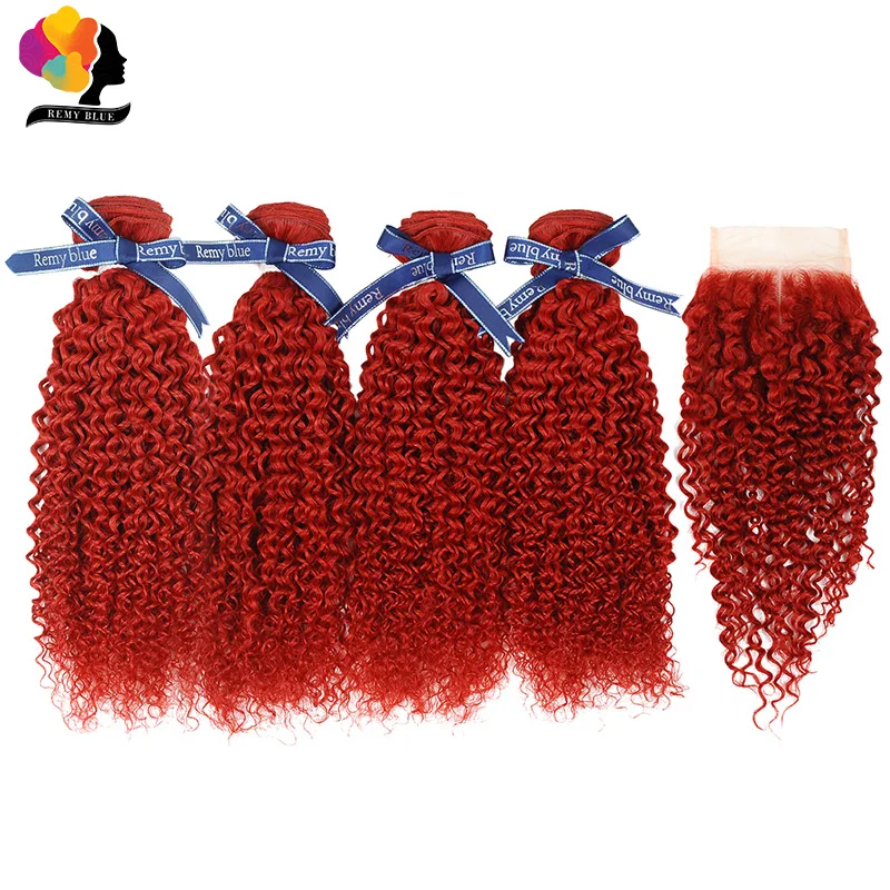 

Remyblue Red Kinky Curly Brazilian Hair Bundles with Closure 99J Burgundy Human Hair 4 Bundles with Closure Remy Hair Extension