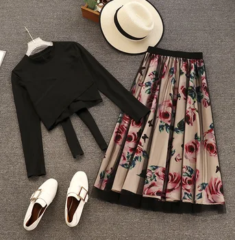 

Korean Floral Print Women Two Piece Set 2019 Lace Up Bow T-Shirt Top And Vintage Mesh Hollow Skirt Set Suits Female 2 Piece Set