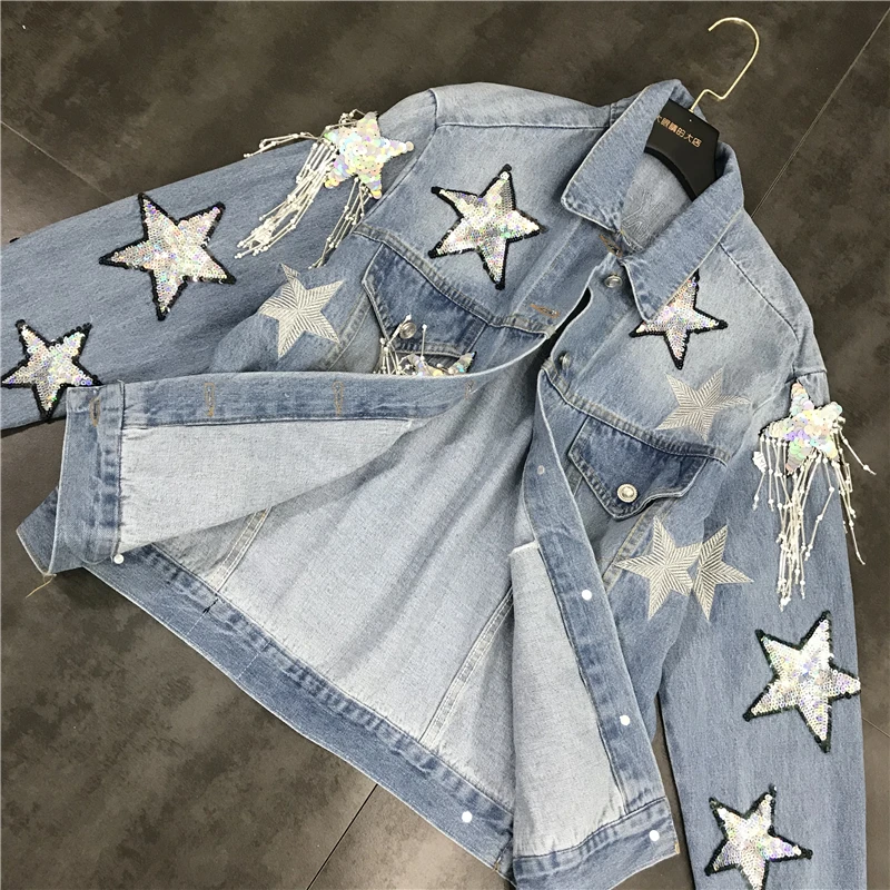 Блёстки Звезда джинсовая куртка для женщин Весна Осень отложной воротник вышивка кисточкой цепи свободные джинсы пальто