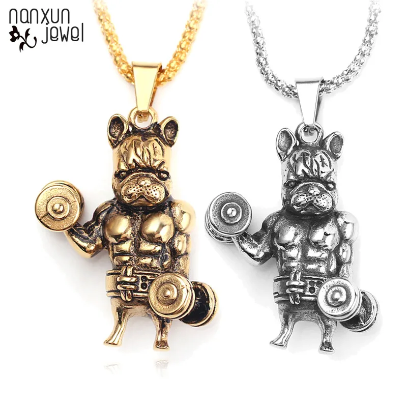 New Punk Bulldog Weightlifting Pendant Necklace For Men Antique Bulldog Weightlifting Pendant Necklace
