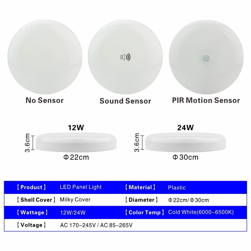 Светодиодный потолочный светильник, 12 Вт, 24 Вт, PIR датчик движения, современная лампа, монтируемая на поверхности, авто, умное управление звуками, AC 110 В, 220 В, Круглый панельный светильник