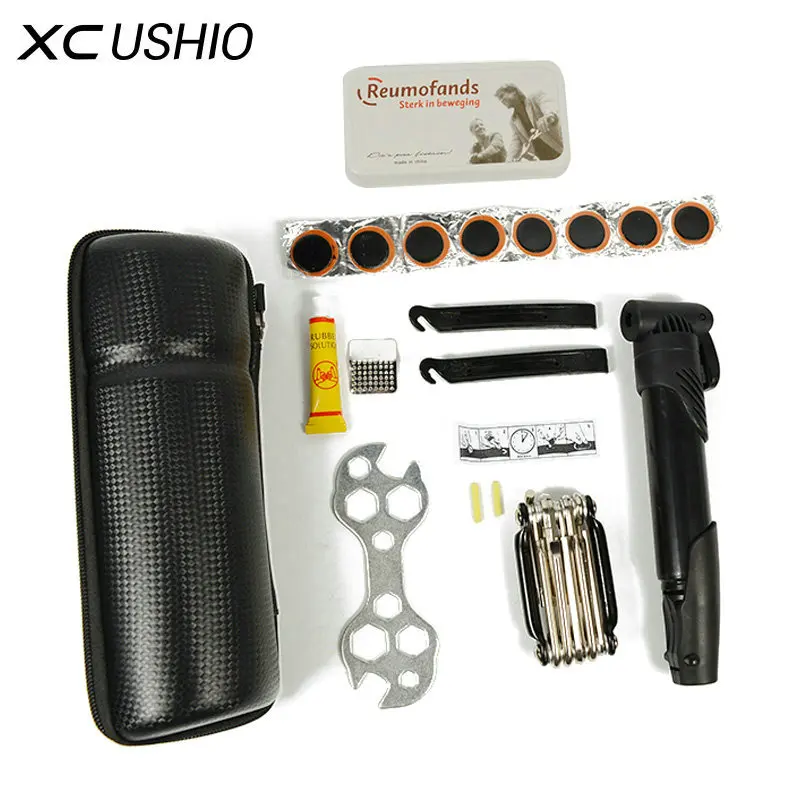 

XC USHIO MTB Bicycle Tyre Repair Tools Sets Mini Pump/ 10 in 1 Porous Wrench/Multifunction Screwdriver with Storage Bottle Cage