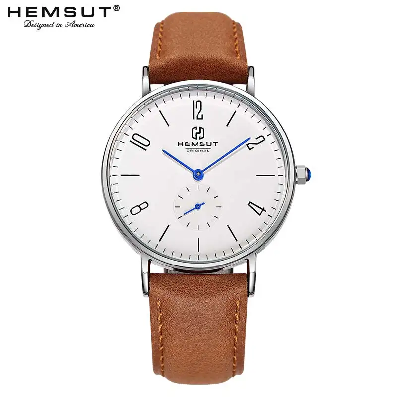 

Men's Watch Hemsut Ultra-thin Men Watch Brown Genuine Leather Quartz Watch 3ATM Water Resistant Black relogio masculino 2018