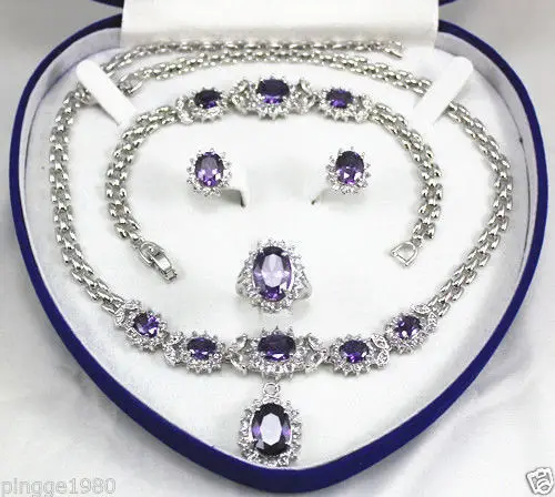 

Fast shipping +women's jewelry Purple gem 18KGP Earring Bracelet Necklace Ring set (A0503)