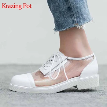 

Krazing Pot genuine leather shoes women fashion square low heels pumps round toe jelly shoes lace up British school pumps L16