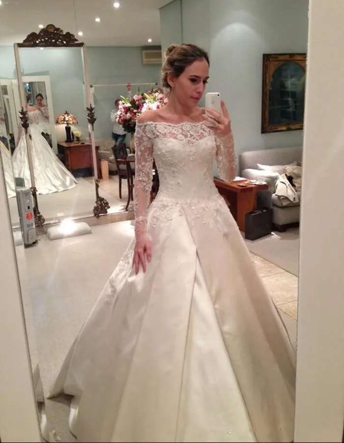 High Quality Satin Wedding Dress with Lace Appliques Sequins Off Shoulder Long Sleeves Zipper Back Top Vestidos de Novia | Свадьбы и