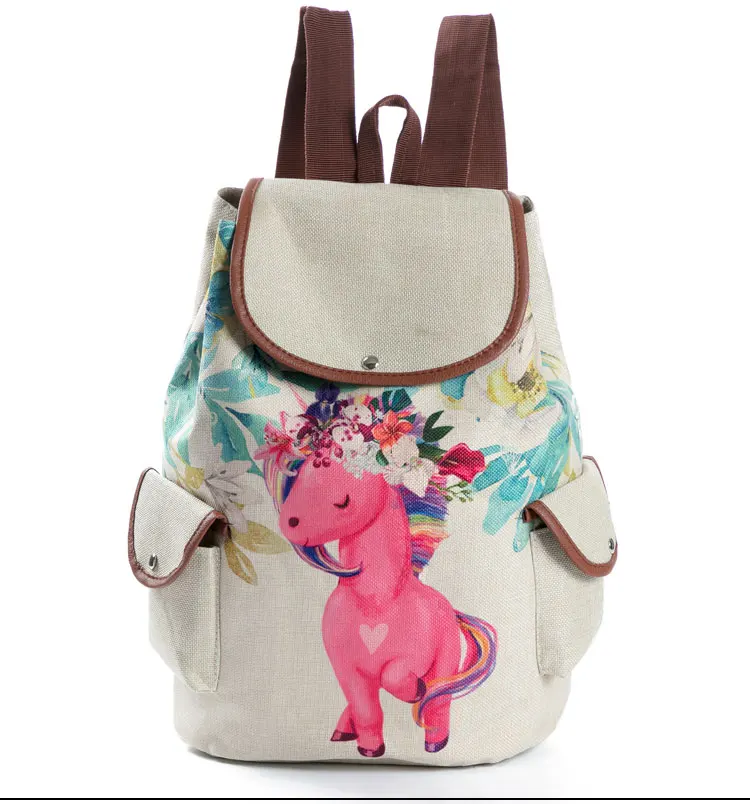 Miyahouse Повседневный цветочный мультяшный рюкзак с принтом лошади женская льняная школьная сумка с кулиской для девочек-подростков рюкзак для путешествий