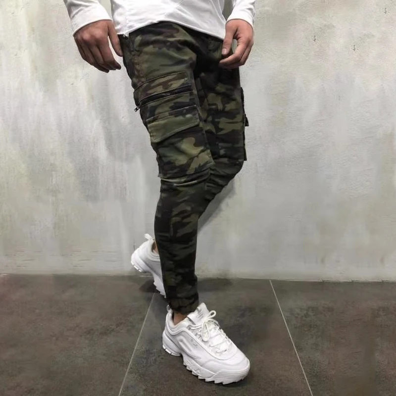 2019 новые мужские брюки армейский зеленый камуфляж тонкие длинные штаны Лоскутные Повседневные джинсы Мужская Уличная одежда