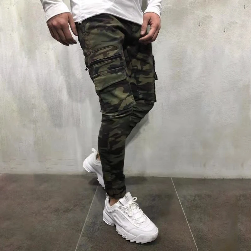 Kaufen 2019 neue männer Hosen Armee Grün Camouflage Dünne Lange Hosen Patchwork Casual Jeans Männer Streetwear Kleidung