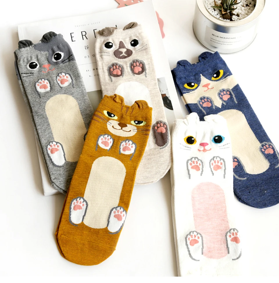 Funny Cute Cat Cartoon Women Socks Autumn Winter Lady's Sock korean Fashion Candy Color Creative Warm socks White Yellow Gray (1)