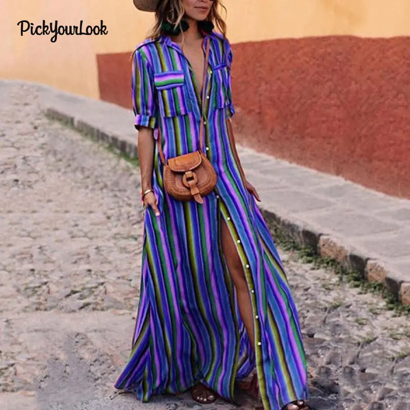 Pickyourlook Женское Платье макси с отложным воротником рукавом в полоску на пуговицах