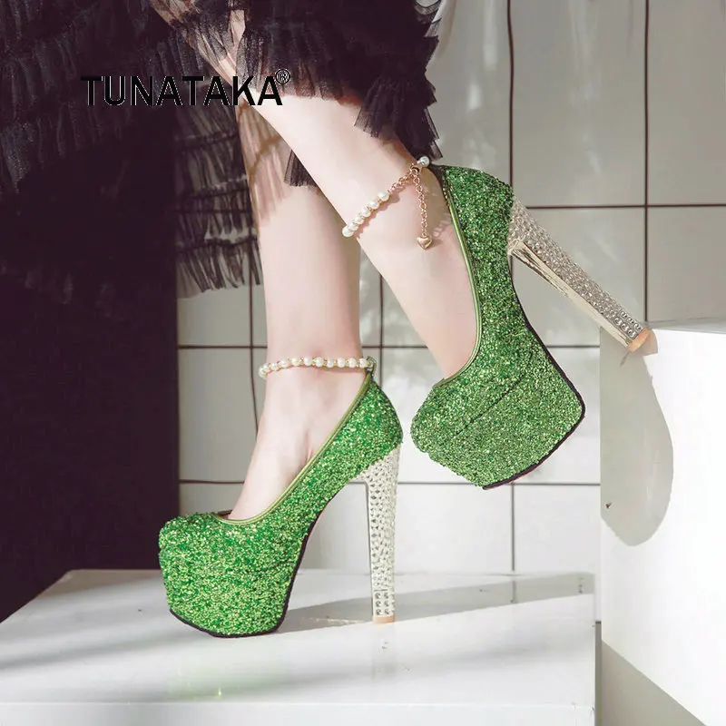 

Women Sexy Super High Heel Platform Pumps Fashion One-button Buckle Sequined Dress Party Shoes Red Green Gold
