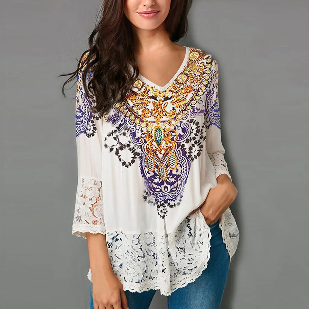 

womens blouses and tops summer 2019 Loose Three Quarter V-Neck Shirts Tops Lace Blouse women clothes dames blouse zomer
