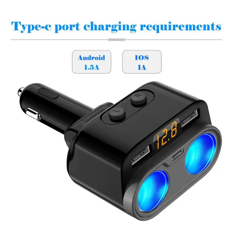80 Вт 2-гнездо автомобильного прикуривателя Splitter Dual USB+ Тип C Зарядное устройство 12 V/24 В постоянного тока Extender Мощность адаптер с Напряжение Дисплей