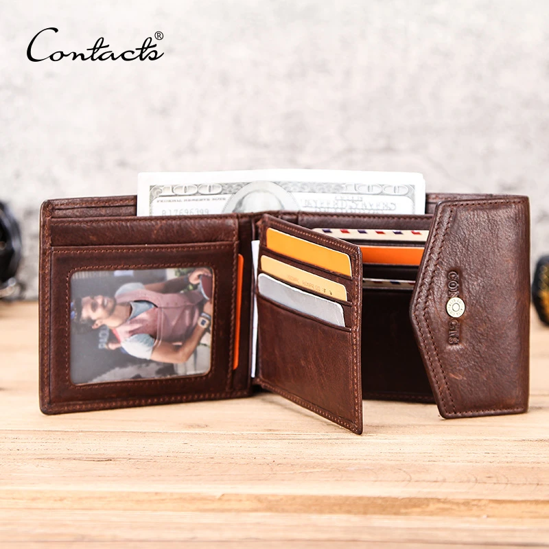 CONTACT'S cartera Crazy Horse de cuero hombre, billetera con bolsillo para monedas, monedero horizontal Vintage, billetera corta para negocios| Carteras| - AliExpress