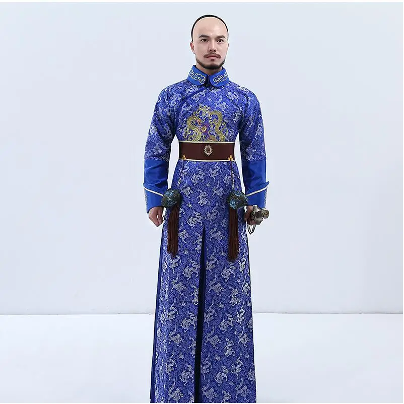 

New arrival film performance wear blue embroidered dragon brocade the Qing dynasty prince clothes Chinese ancient costume male
