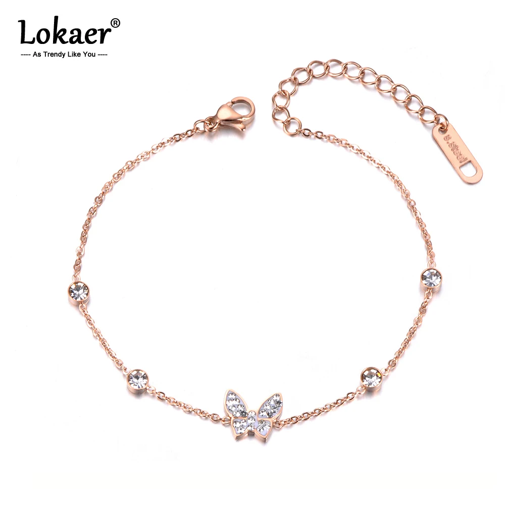

Lokaer Trendy Bohemia Butterfly Crystal Charm Girl's Bracelet Stainless Steel CZ Link & Chain Bracelet For Christmas Gift B19040