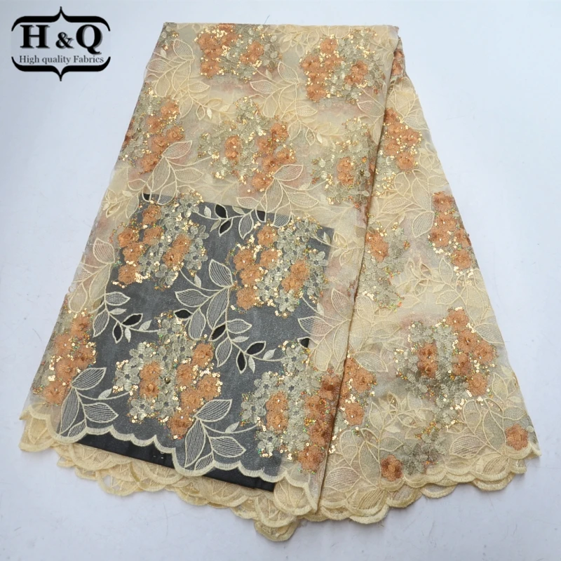 

Newest French voile lace fabric Embroiery with Sequins and Stones African tulle lace fabric high quality for Dresses 5 yards/pcs