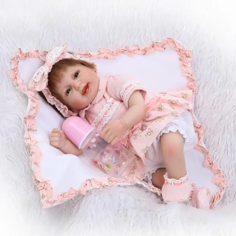 

42cm reborn silicone cotton body dolls smile princess toddlers doll bebe handmade fake infant doll pink clothes for sale