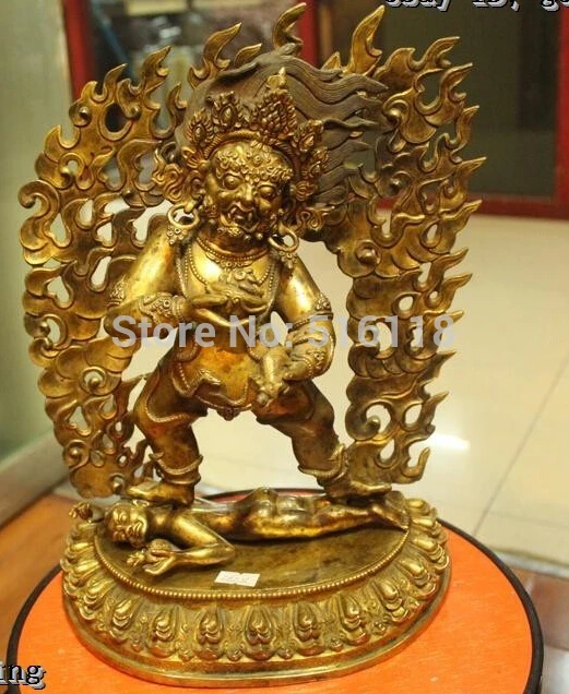 

Free Shipping Shipping 13"Tibet Buddhism Temple Purple Bronze 24K Gold Stand Mahakala Buddha Statue