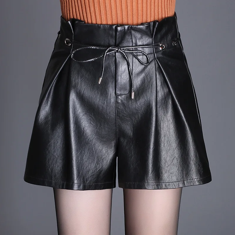 Shuchan кожа шорты для женщин женские осень зима новый тонкий высокая талия свободные широкие брюки шорты, женские шорты 2018 искусственная кожа