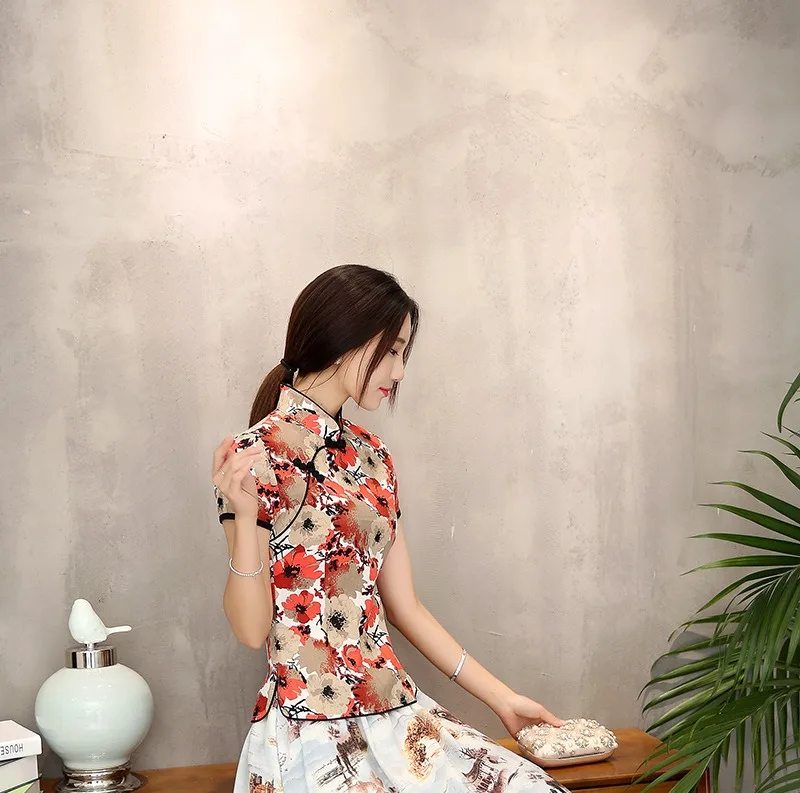 Шанхай история Мандарин воротник женская Qipao рубашка Китайский Топ короткий рукав cheongsam Топ Традиционный китайский льняная блузка