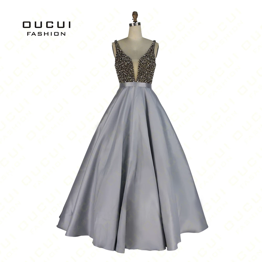 

Real Photos Gary Color Crystal V Neck Ball Gown Formal Long Evening Dress Prom Party OL102922