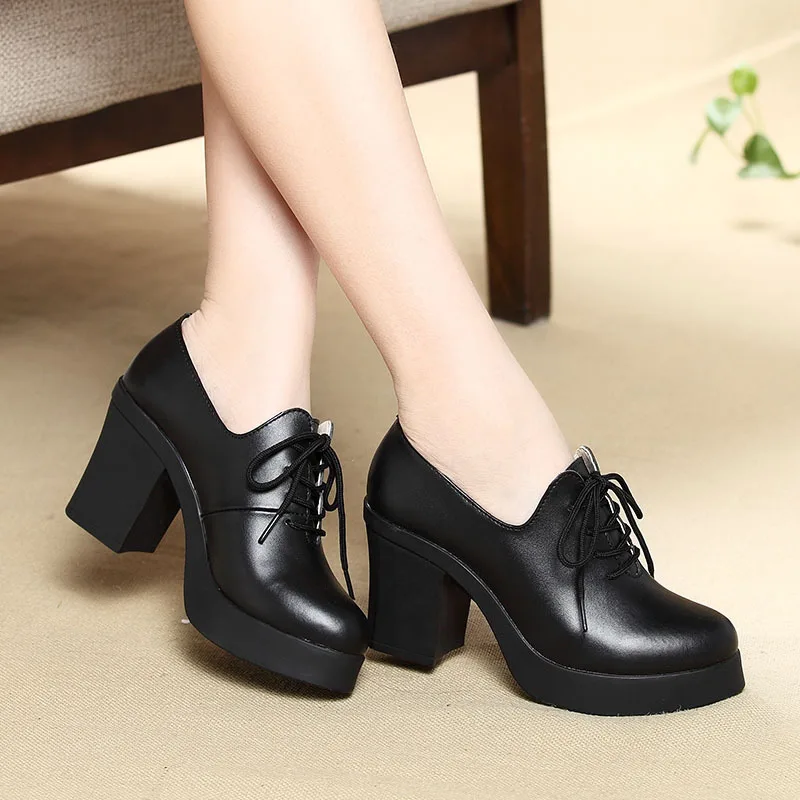 

New Women Pumps Shoes Genuine Leather Pointed Toe Lace-Up 8cm & 5cm Thick High Heel Shallow Solid Casual Female Shoes Plus Size
