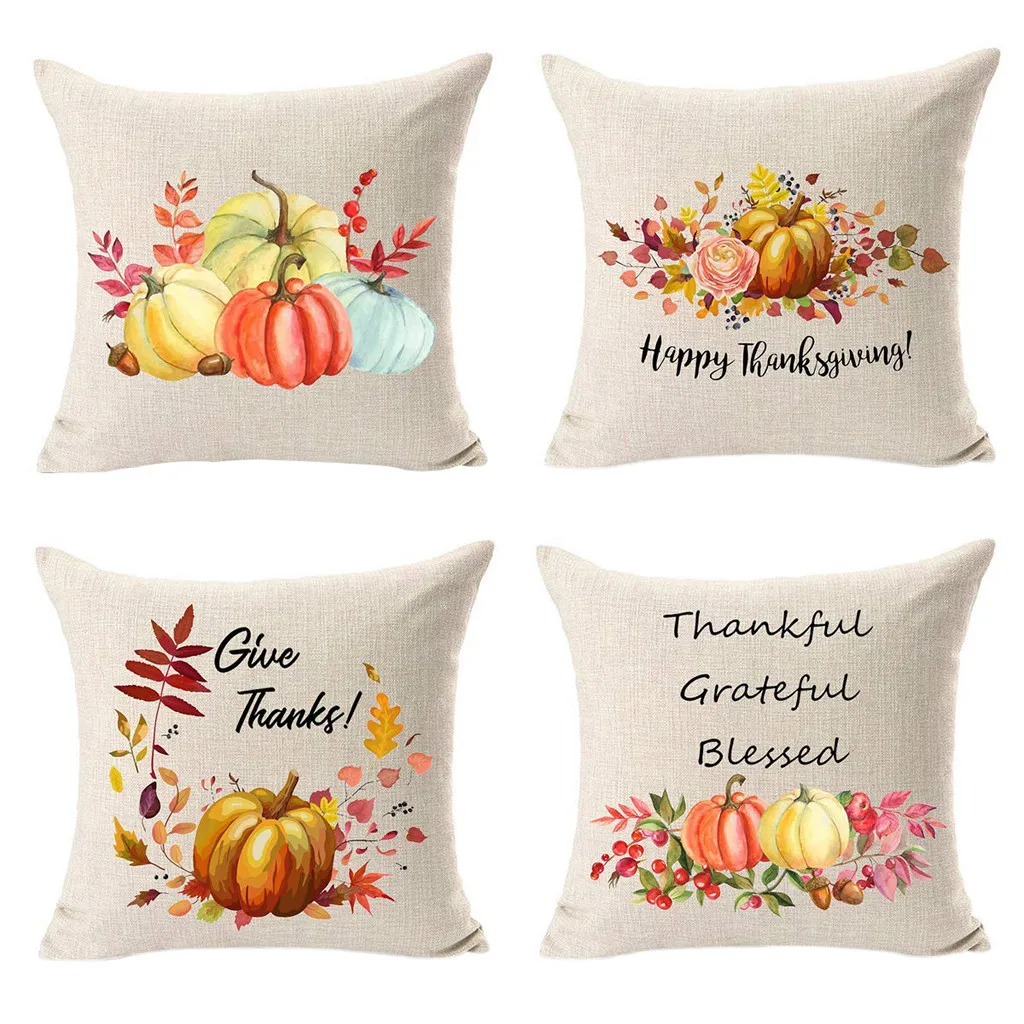 4PC Thanksgiving Autumn Decoration Pillowcase Fall Pumpkin Leaves Throw Pillow Cover Home Decor