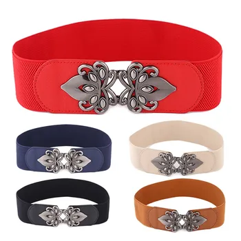 

Retro Totem Wide Waistband Elastic Stretch Dress Waist Belt Vintage Wide Waist Belt For Women Elegant Ladies Buckle Band Belt